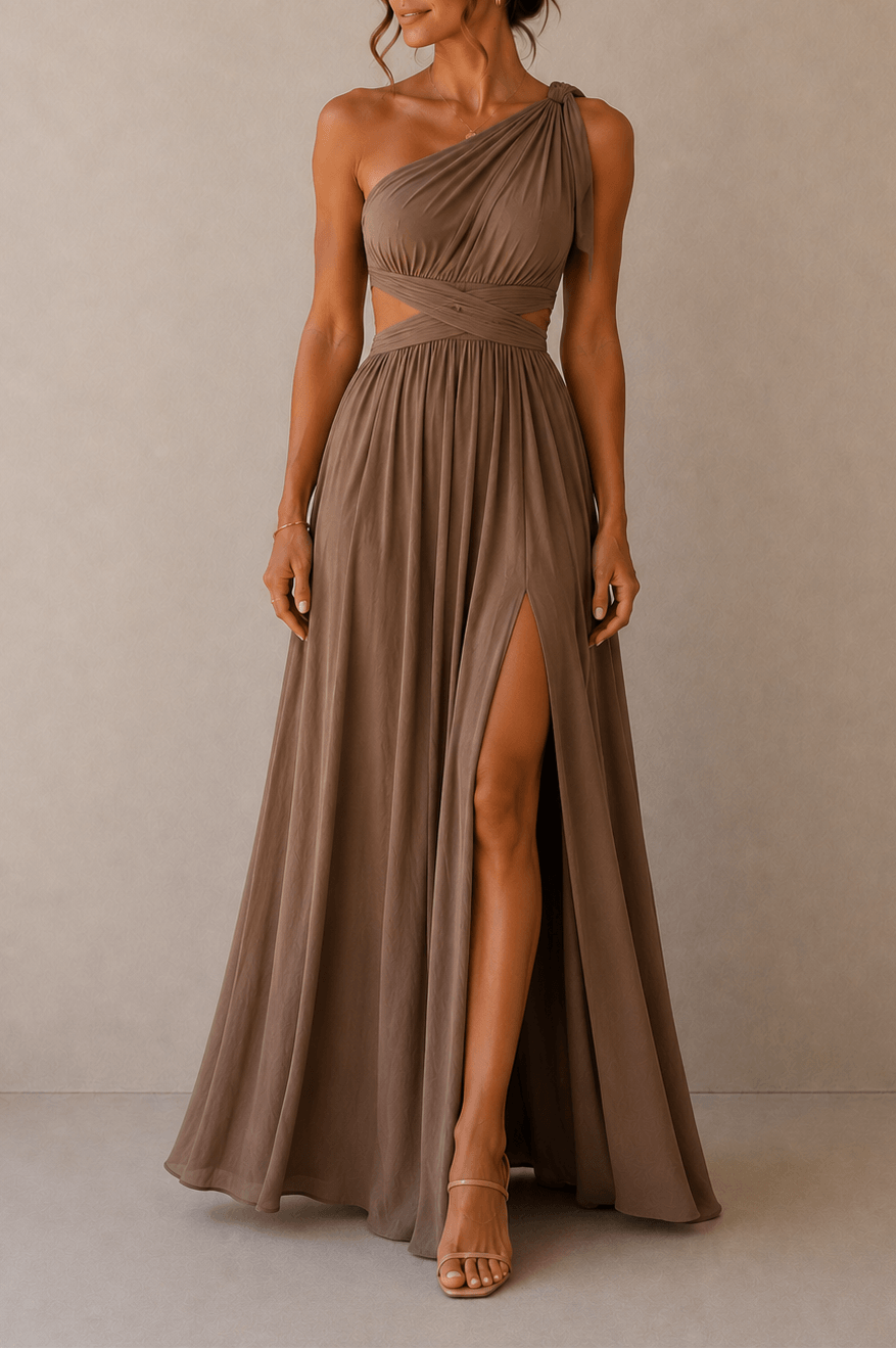 Woman wearing a brown one-shoulder gown with a slit on a beige background